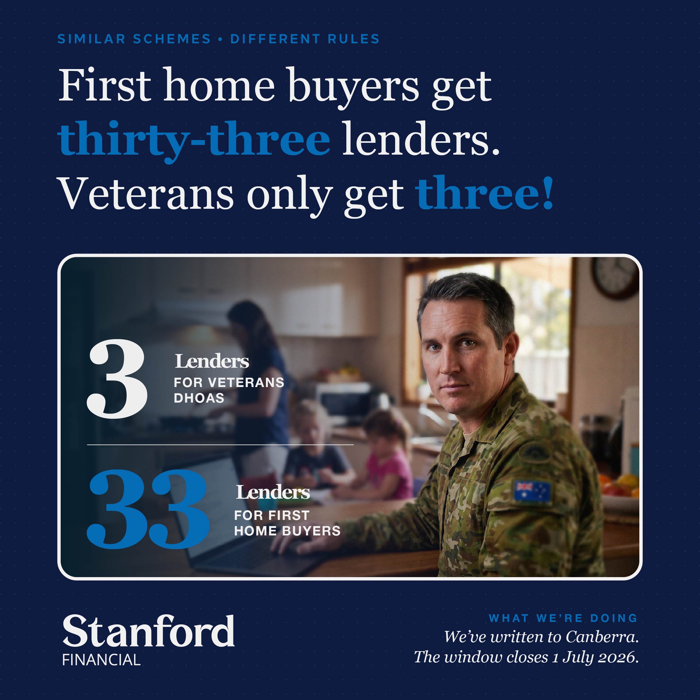 DHOAS panel: first home buyers get 33 lenders, veterans get 3. Stanford Financial reform campaign